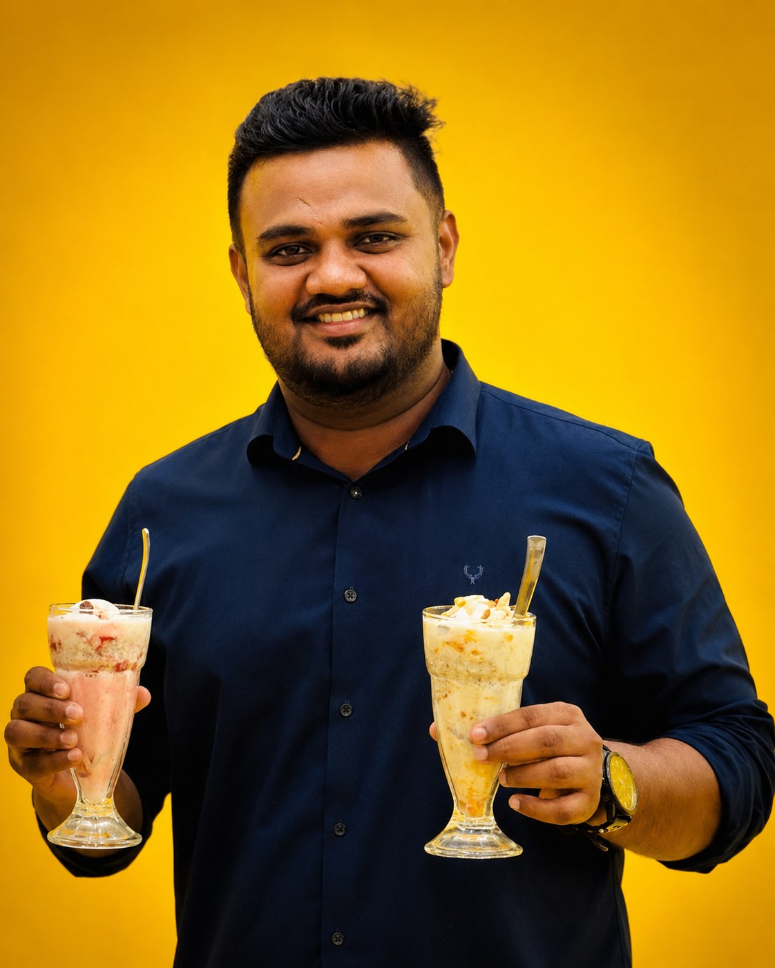 Muhammed Ashar Ali, Founder and Chairman of Mouzy, holding two glasses of Banana Avil Milk