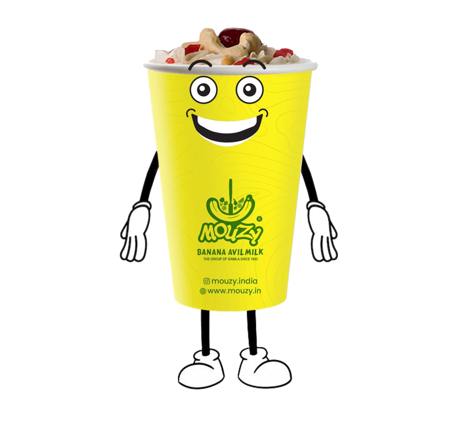 The Mouzy mascot — a smiling cup of Banana Avil Milk